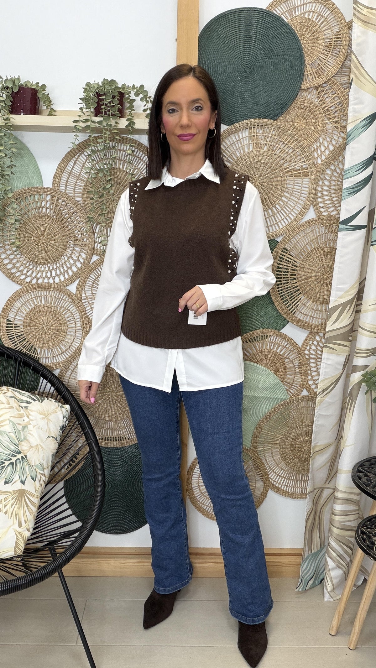 CHALECO PUNTO PERLITAS CON CAMISA