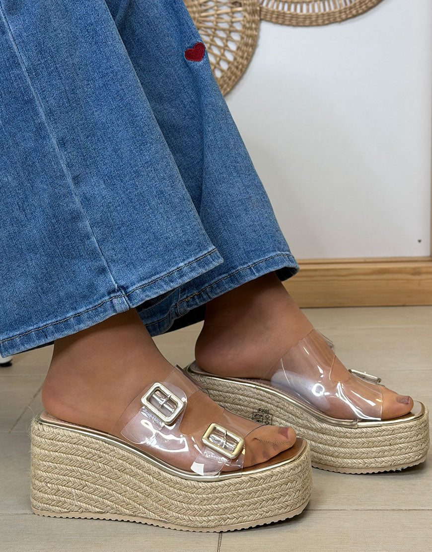 SANDALIA CUÑA DOBLE HEBILLA TRANSPARENTE 36/41